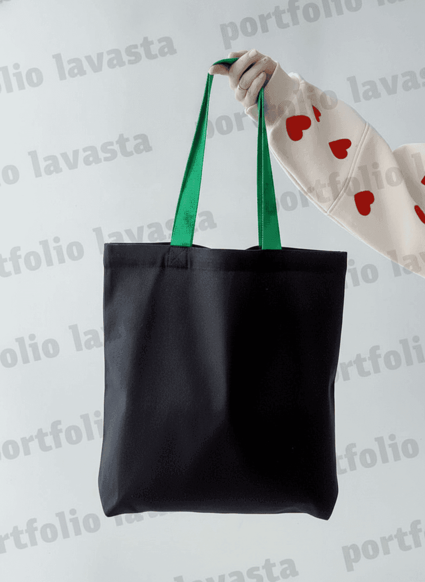 Black cotton twill tote with green handles