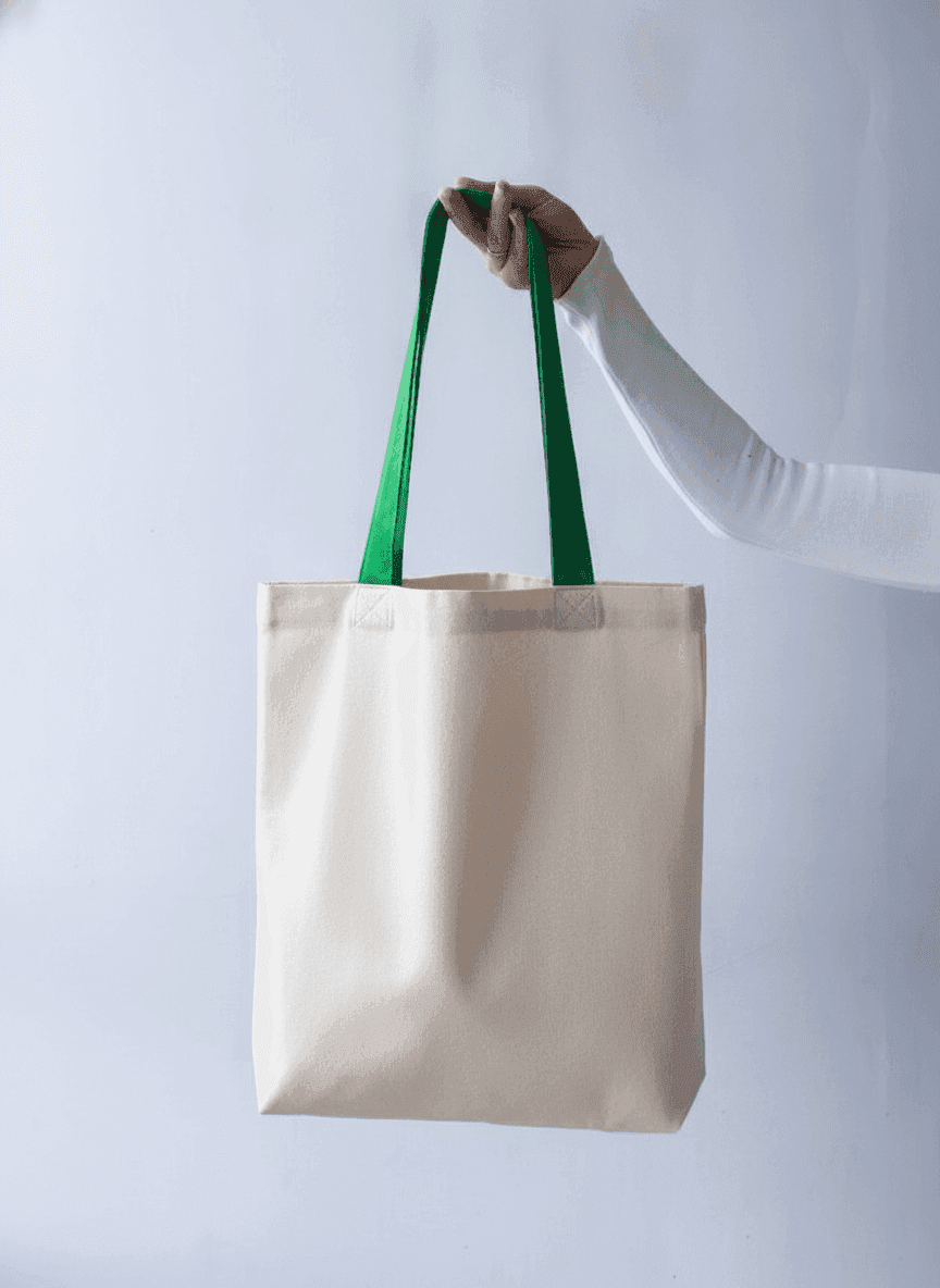 Two-Ply Cotton Tote Bag with Pocket, Long Green Handles