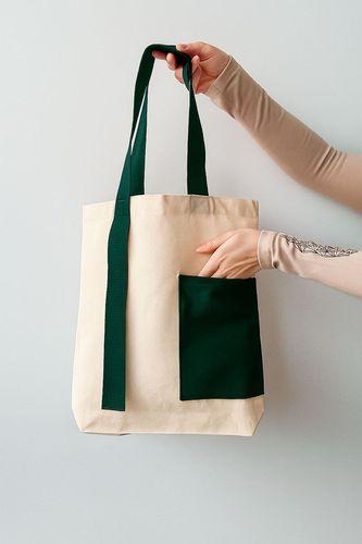 Екошопер з двонитки з темно-зеленими ручками та кишенею — сумка з подовженою стрічкою, міцна бавовняна торба для покупок і щоденного використання без друку, розмір: 38см х 42смх 7см