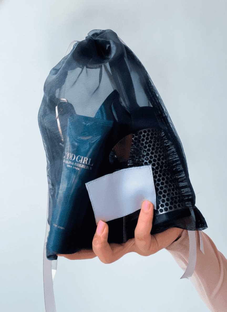 Organza pouch with sewn-on label