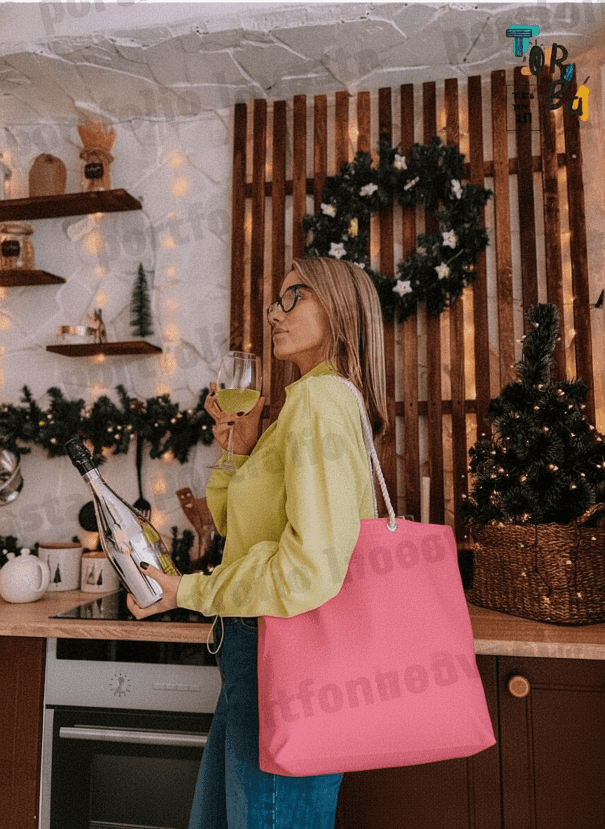 Pink structured tote bag with rope handles