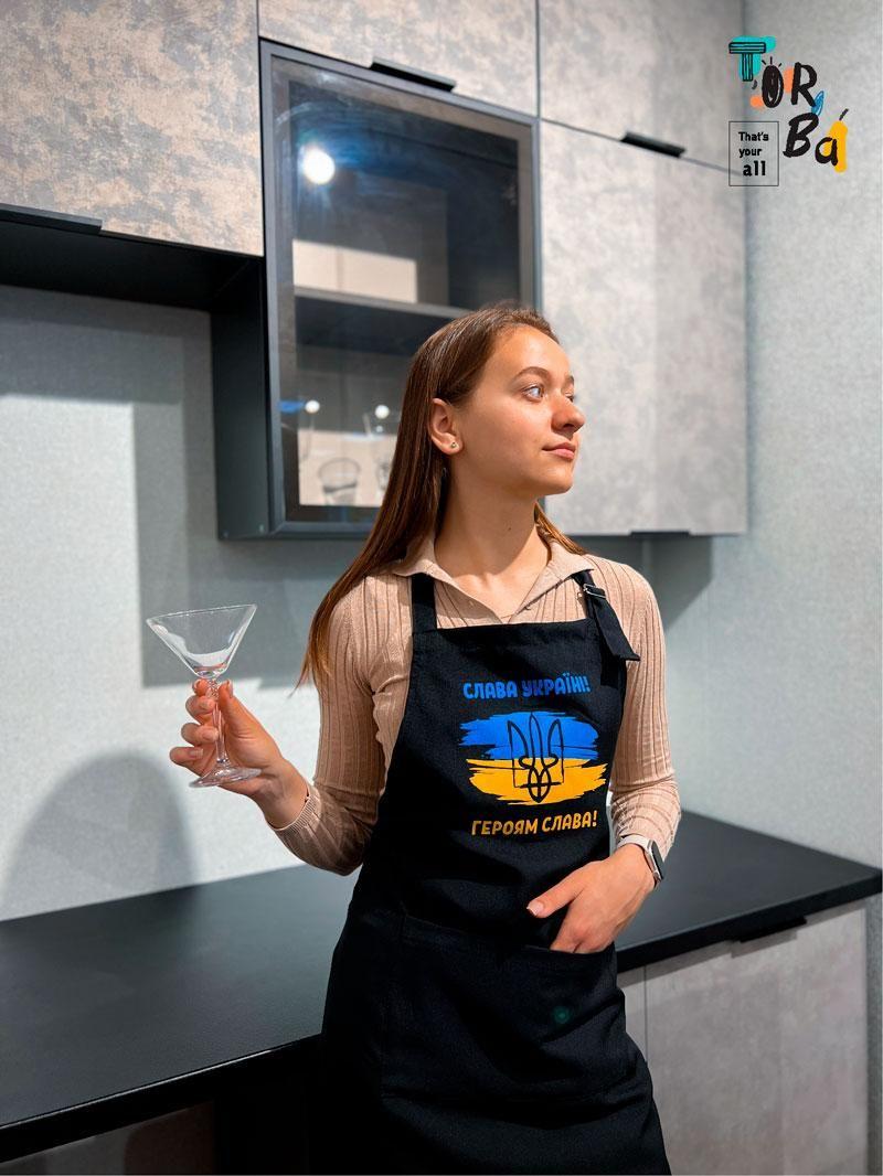 Черный фартук с габардина слава Украине с печатью