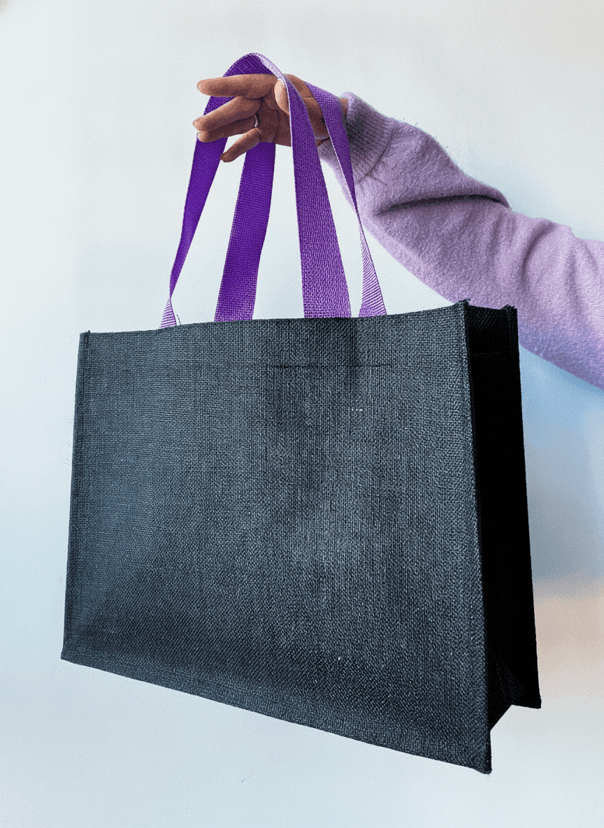 Black Laminated Jute Tote Bag with Ribbon & D-Ring