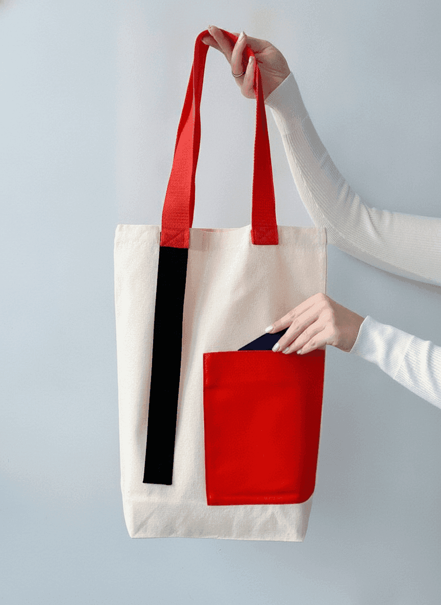 Light Beige Twill Tote Bag with Red Handles & Pocket
