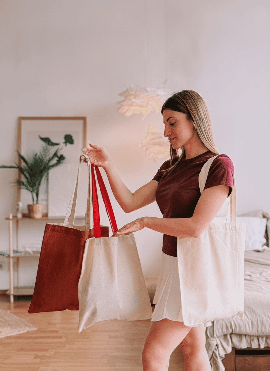 Solid Calico Tote Bag with Colorful Handles
