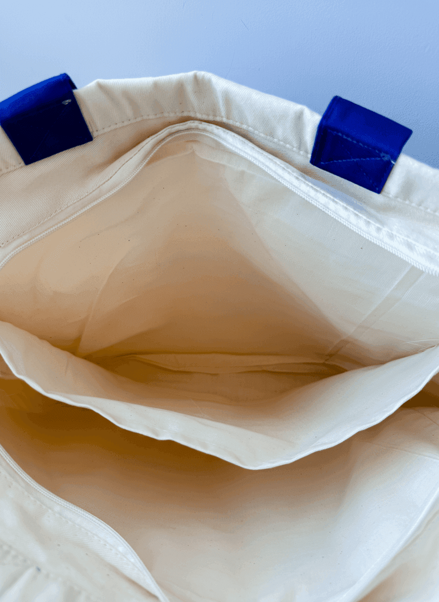 Шопер из плотной хлопковой саржи с длинными синими ручками, с подкладкой и усиленным дном — стильный эко-тоут для покупок и повседневного использования без печати размер: 40см х 40см х 12см