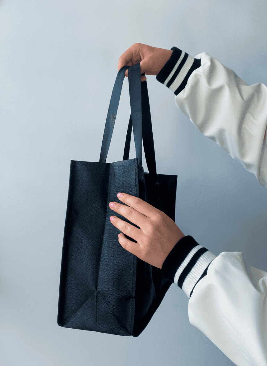Black Roomy Spunbond Tote Bag with Grosgrain Handles
