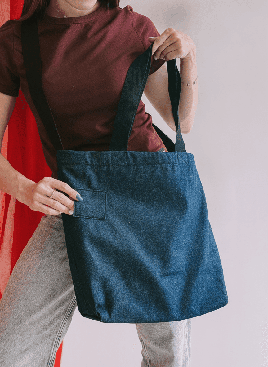 Navy Denim Tote Bag with Patches and Pockets
