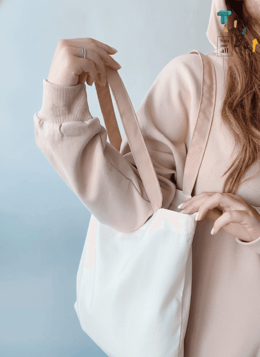 Heavy Cotton White Tote Bag with Beige Handles