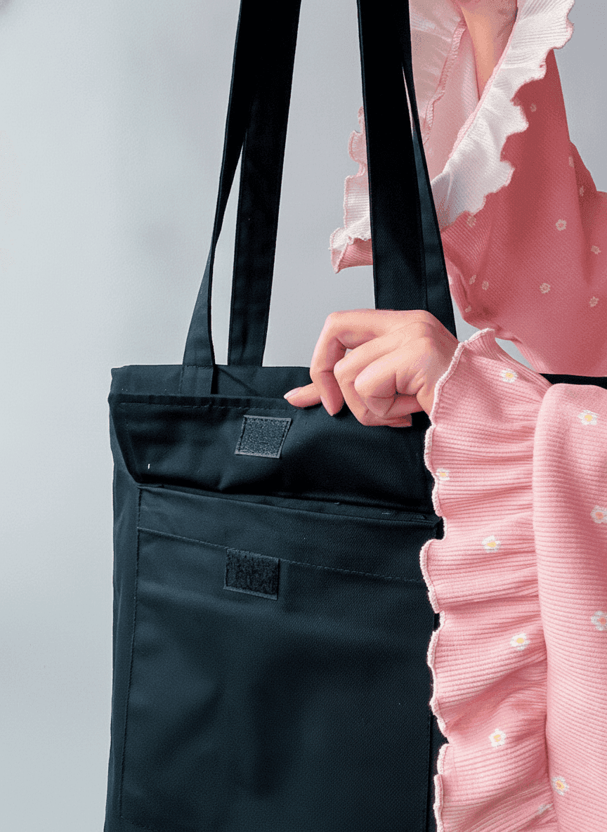 Black Twill Eco Tote Bag with Velcro Pocket
