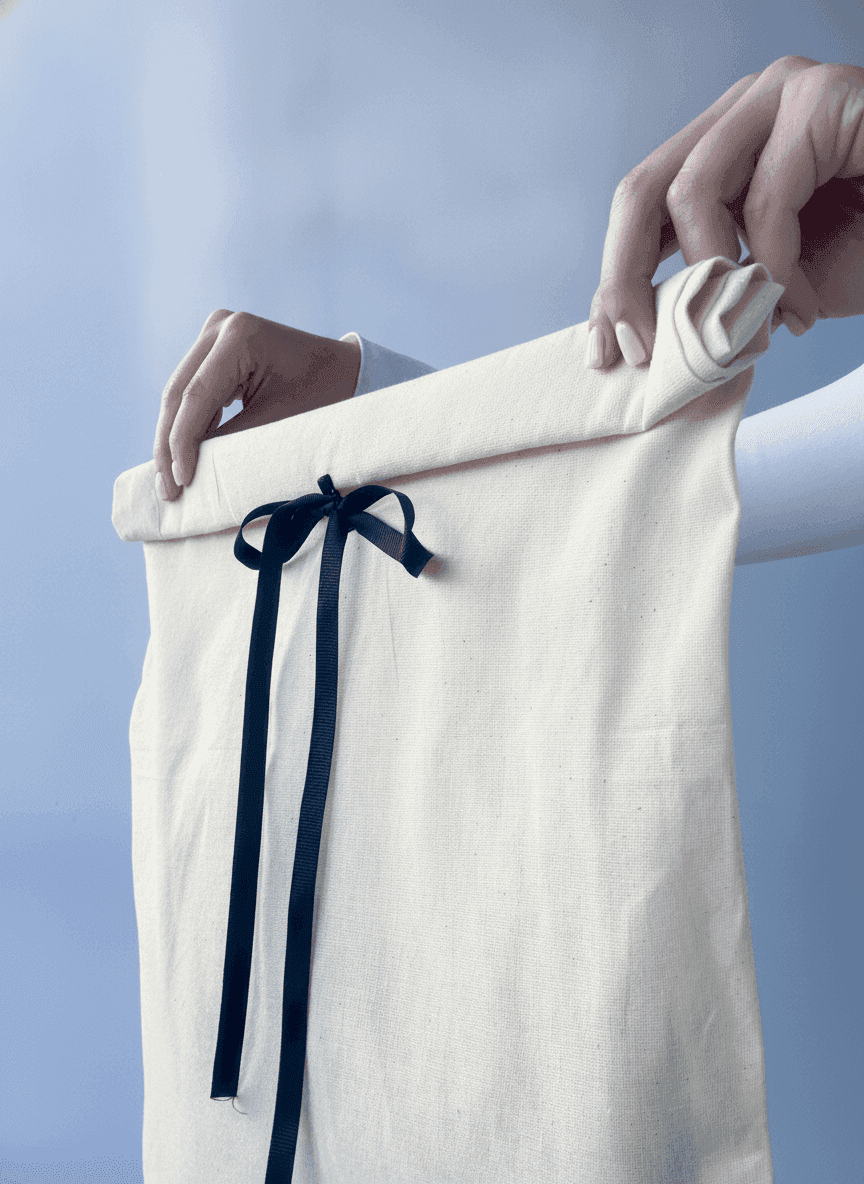 Beige Muslin Drawstring Bag with Black Ribbon