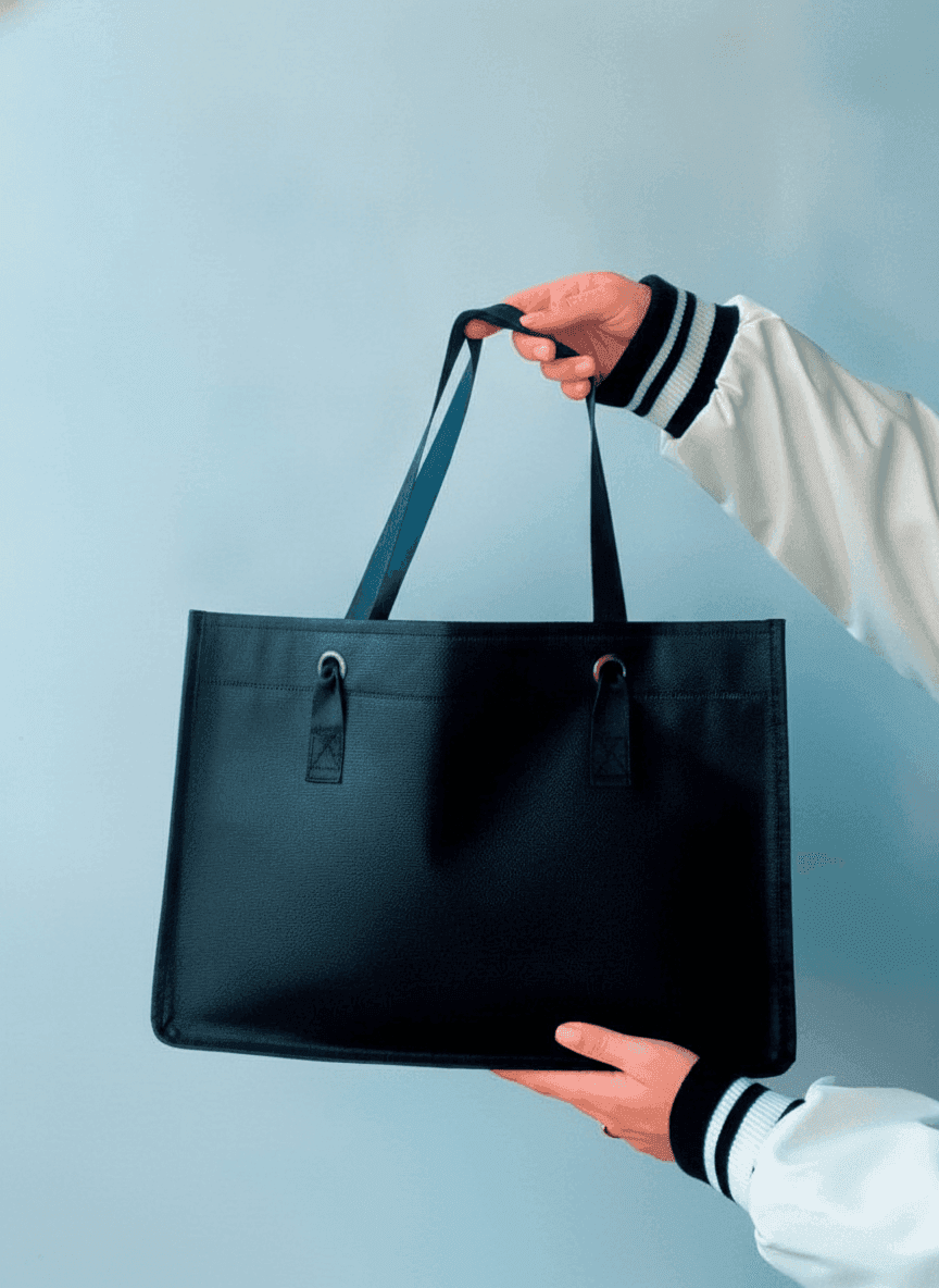 Black Roomy Spunbond Tote Bag with Grosgrain Handles