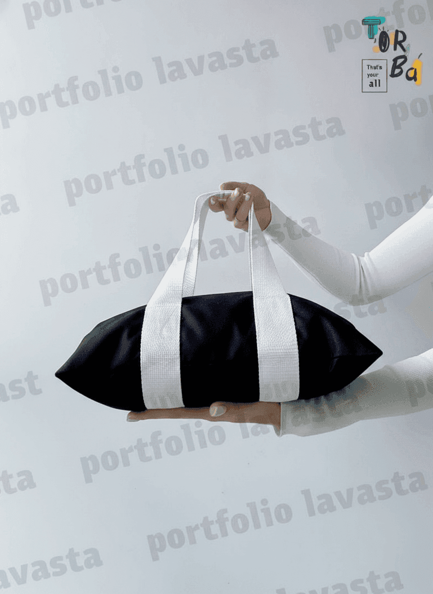 Black twill tote bag with white patches