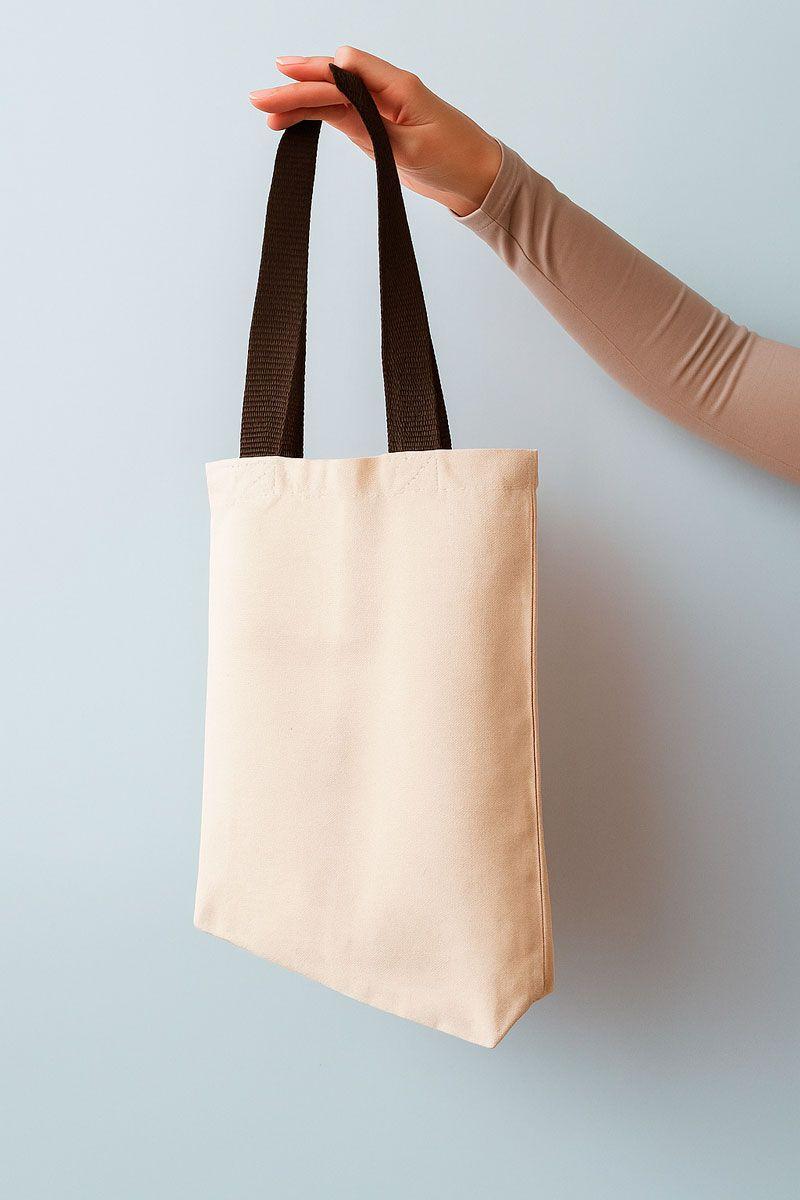 Эко шоппер из двунитки с тёмно-коричневой удлинённой лентой — хлопковая сумка Lavasta для покупок и повседневного использования без печати Размер: 38см х 42смх 7см