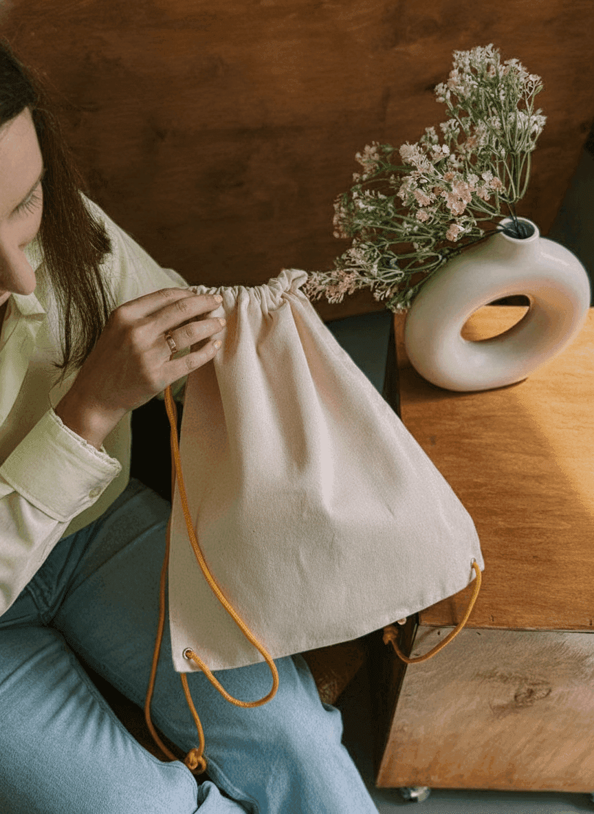 Beige Twill Drawstring Backpack with Orange Cords