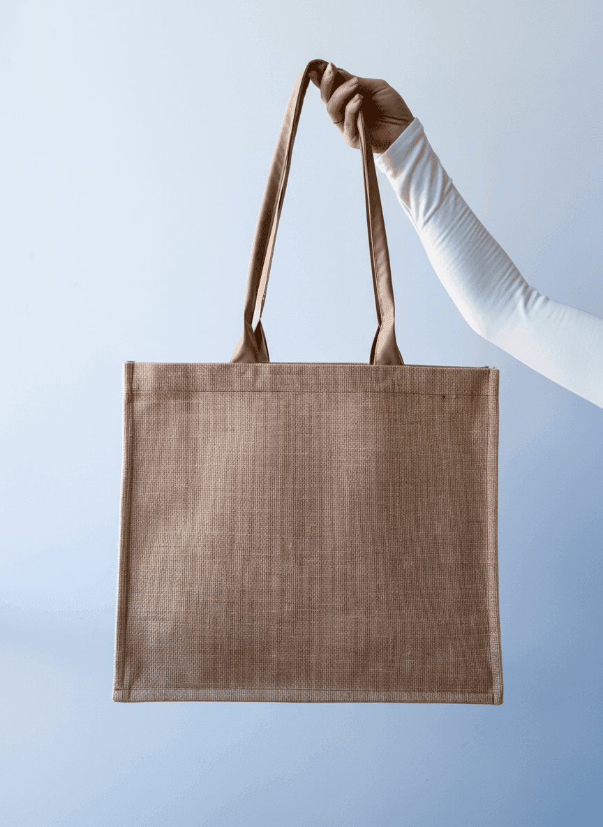 Шопер из джута и ламинированной мешковины с бежевыми канатными ручками — прочный эко-тоут для покупок и повседневного использования без печати размер: 40см х 35см х 10см