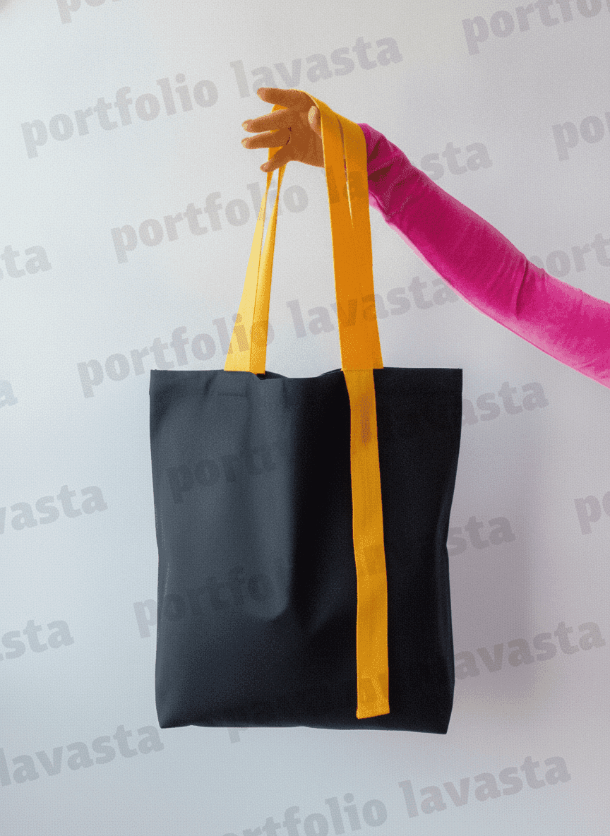 Black Cotton Tote Bag with Long Yellow Handles