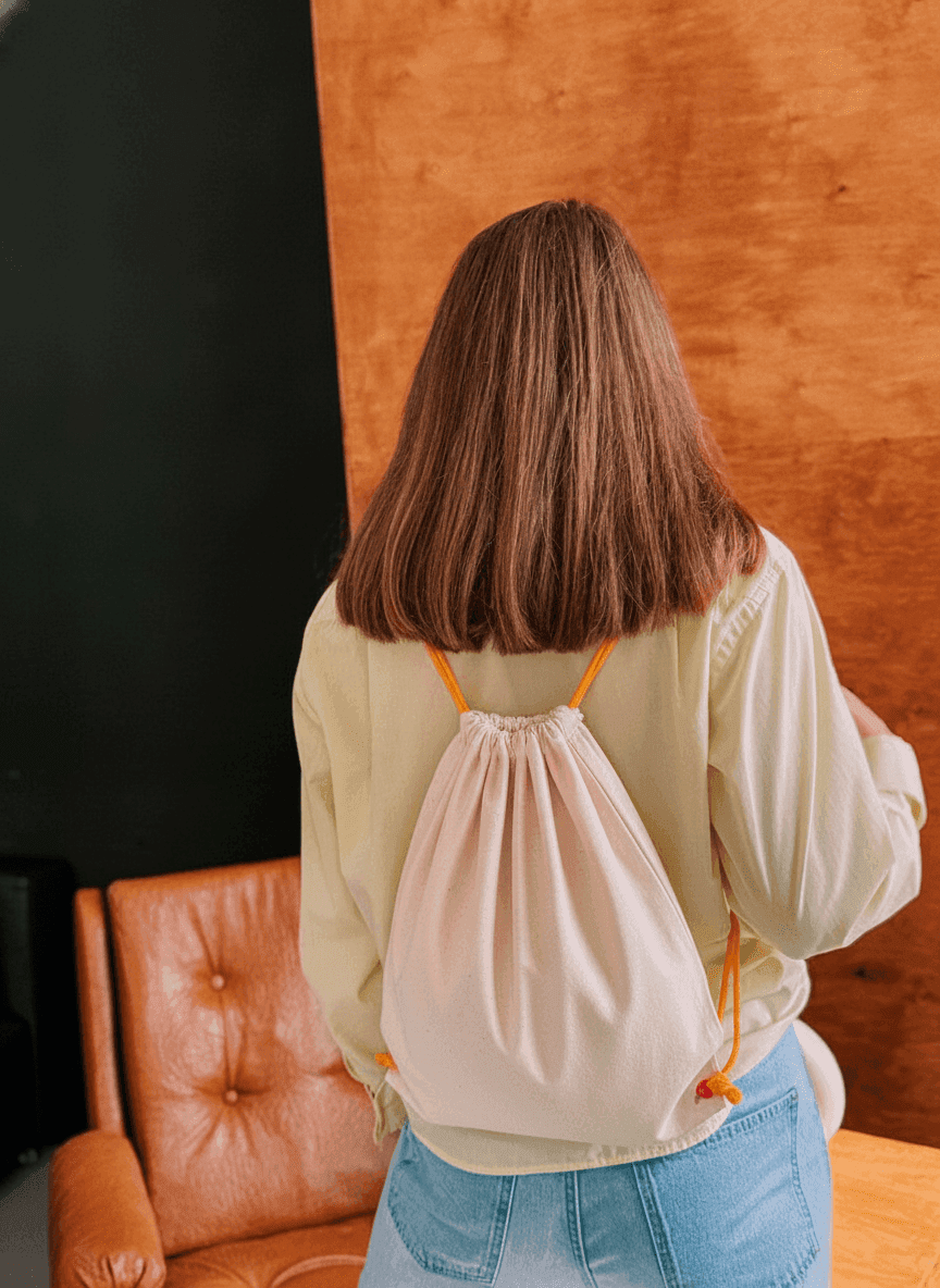 Beige Twill Drawstring Backpack with Orange Cords