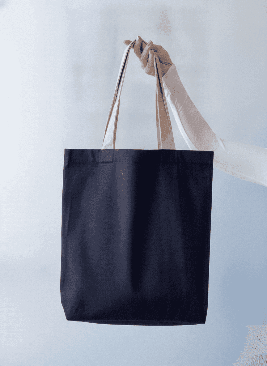 Black Twill Tote Bag with Beige Handles