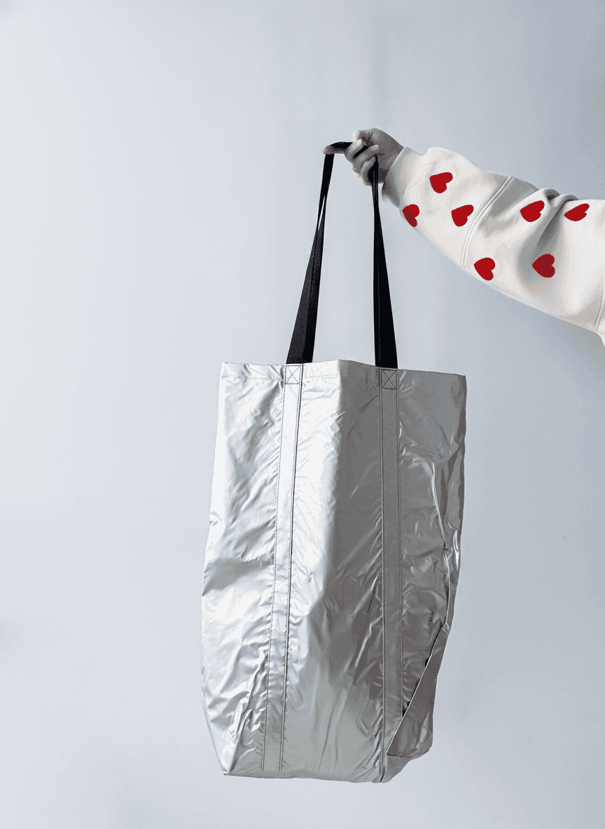 Large Silver Waterproof Tote Bag with Long Handles
