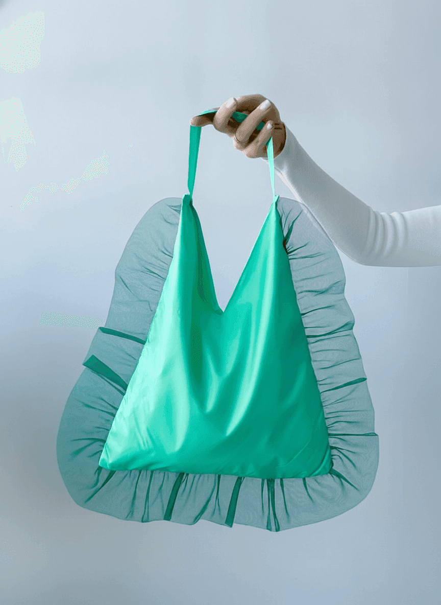 Green Raincoat Fabric Bag with Clear Ruffles