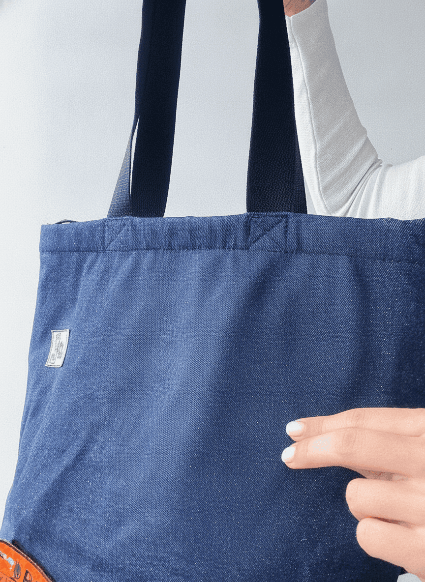 Navy Denim Tote Bag with Patches and Pockets