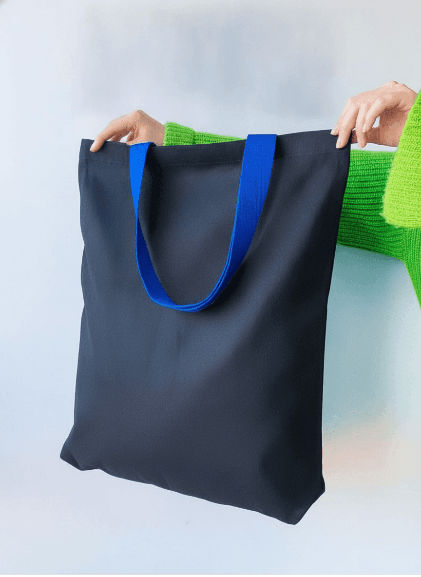 Oversized tote with long blue handle