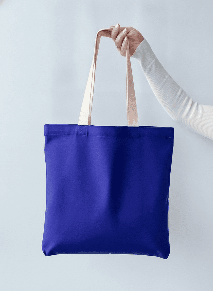 Blue Twill Tote with Beige Handles