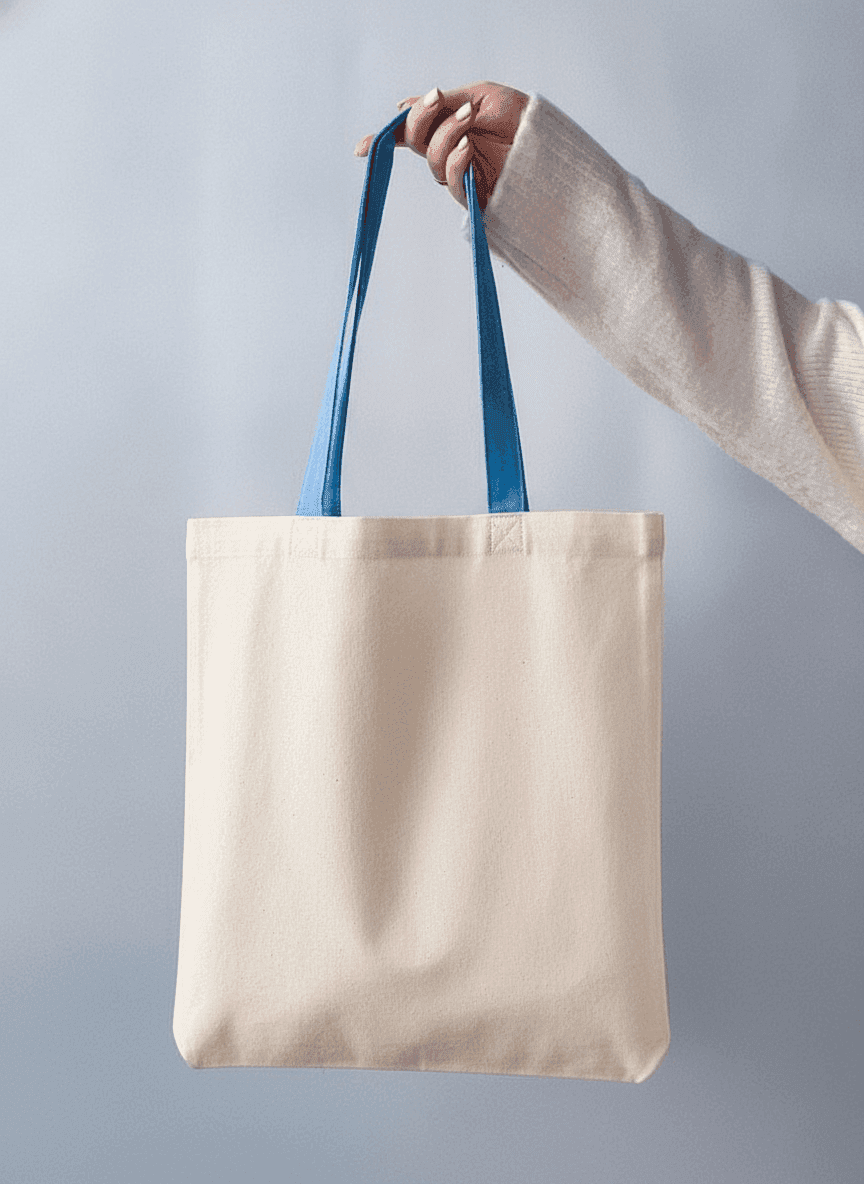Long Cotton Tote Bag with Blue Handles