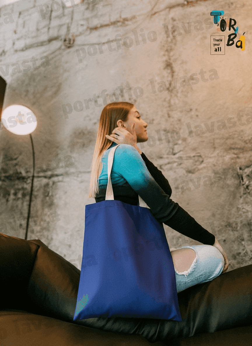 Blue Twill Tote with Beige Handles