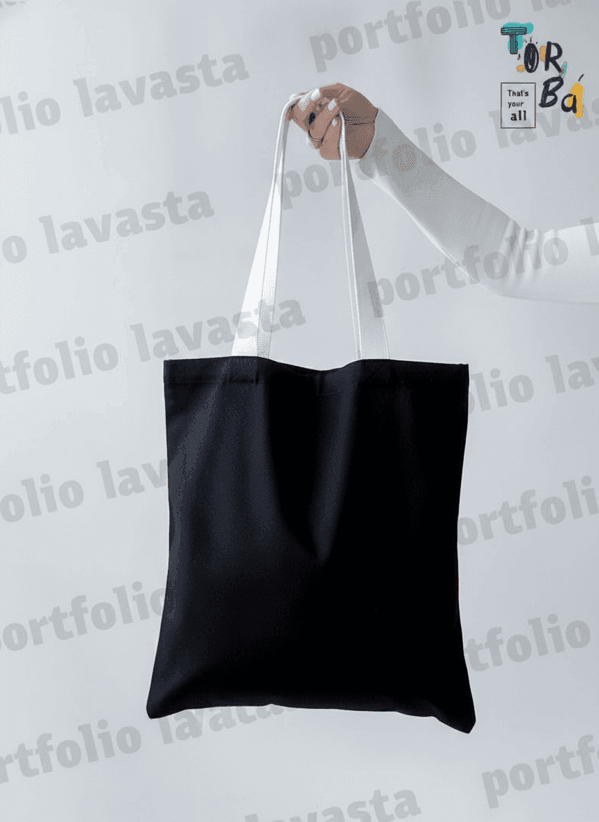 Black twill tote bag with white patches