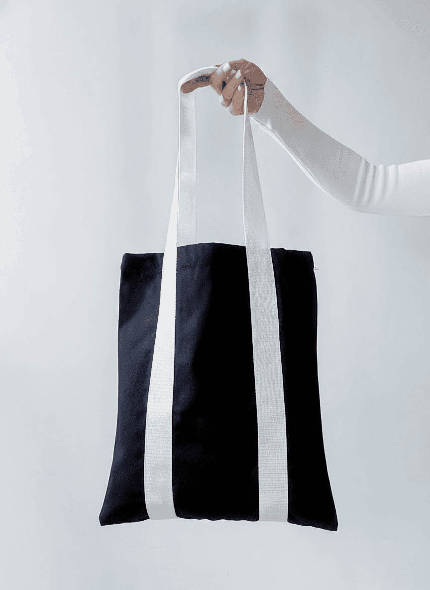 Black twill tote bag with white patches