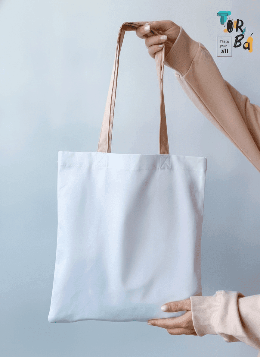 Heavy Cotton White Tote Bag with Beige Handles