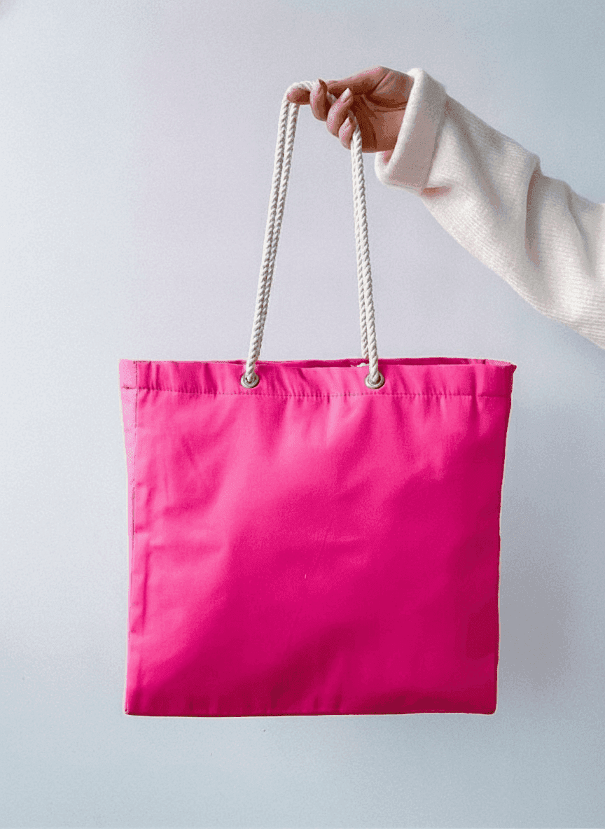 Pink structured tote bag with rope handles