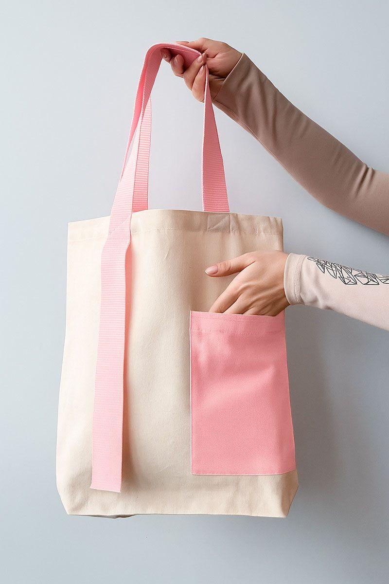 Екосумка з двонитки з рожевими ручками та кишенею — стильна бавовняна шопер-сумка для покупок і щоденного використання без друку, розмір: 38см х 42смх 7см