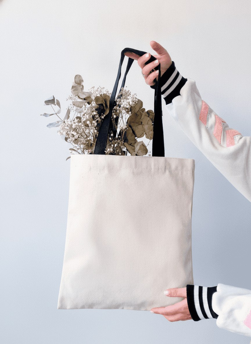 Natural canvas tote bag with black handles