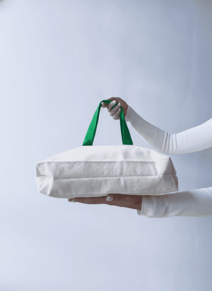 Two-Ply Cotton Tote Bag with Pocket, Long Green Handles