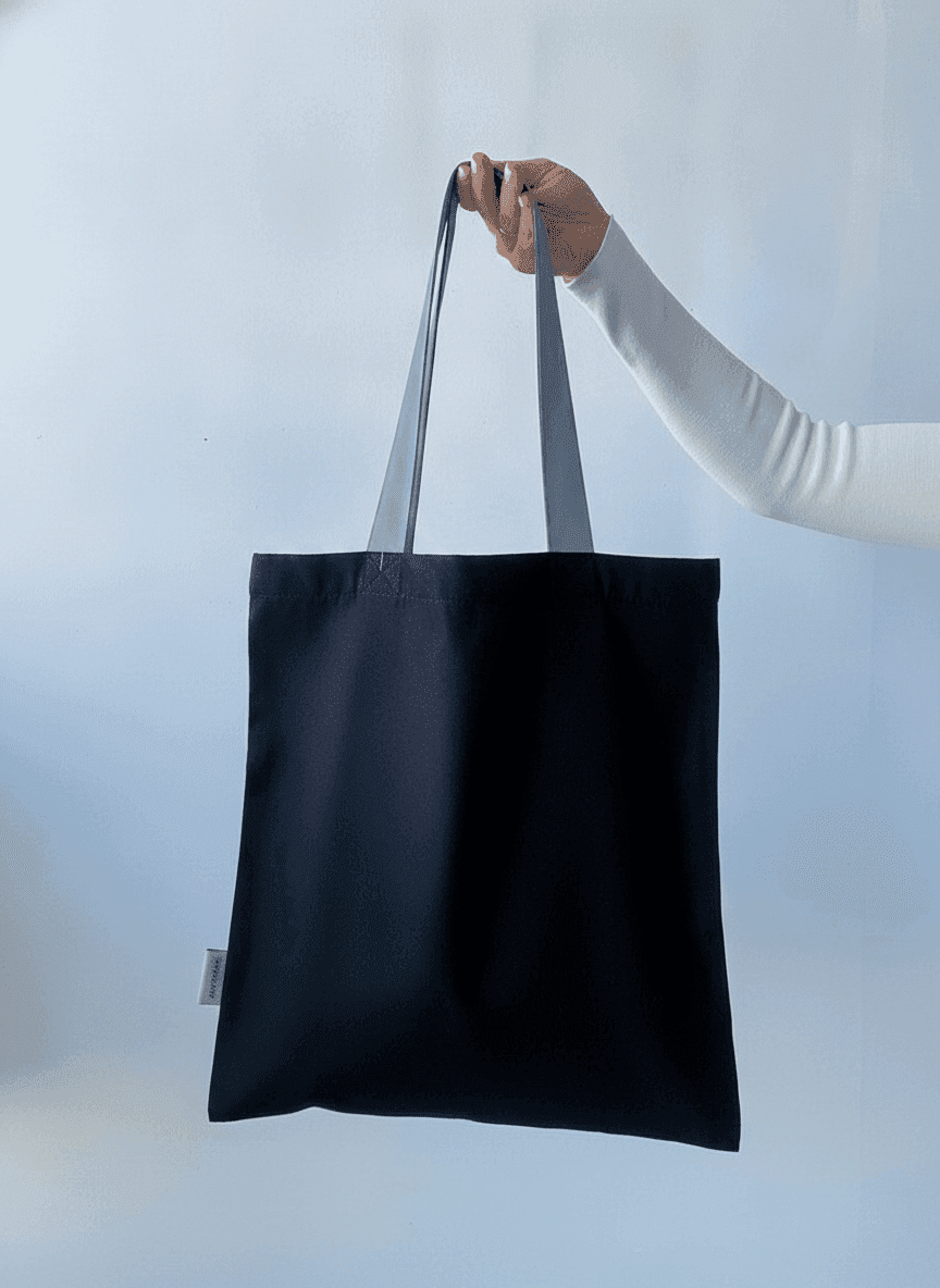 Black Eco Tote Bag with Long Gray Handles