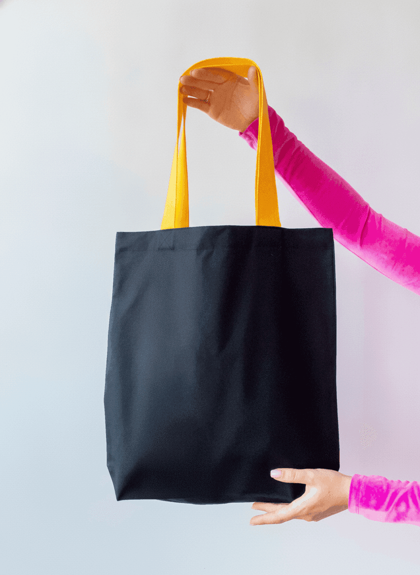 Black Cotton Tote Bag with Long Yellow Handles