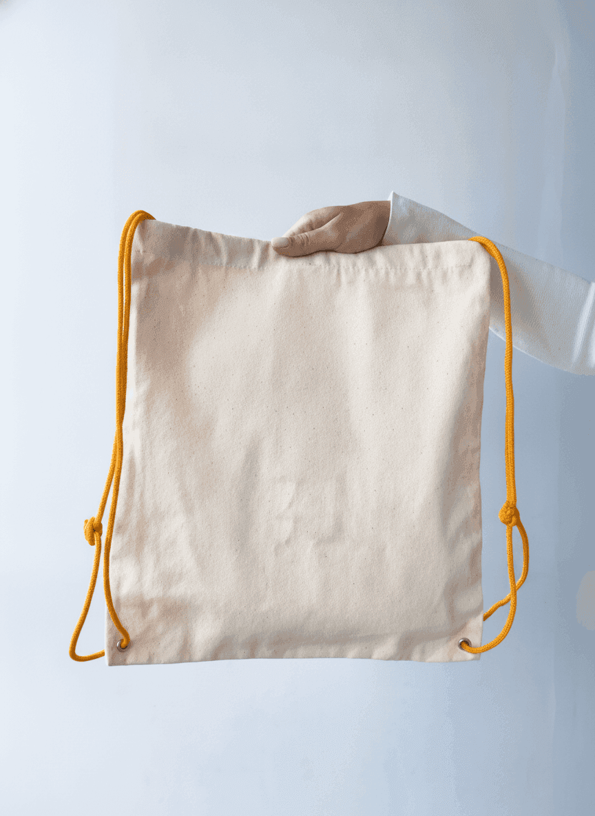 Beige Twill Drawstring Backpack with Orange Cords