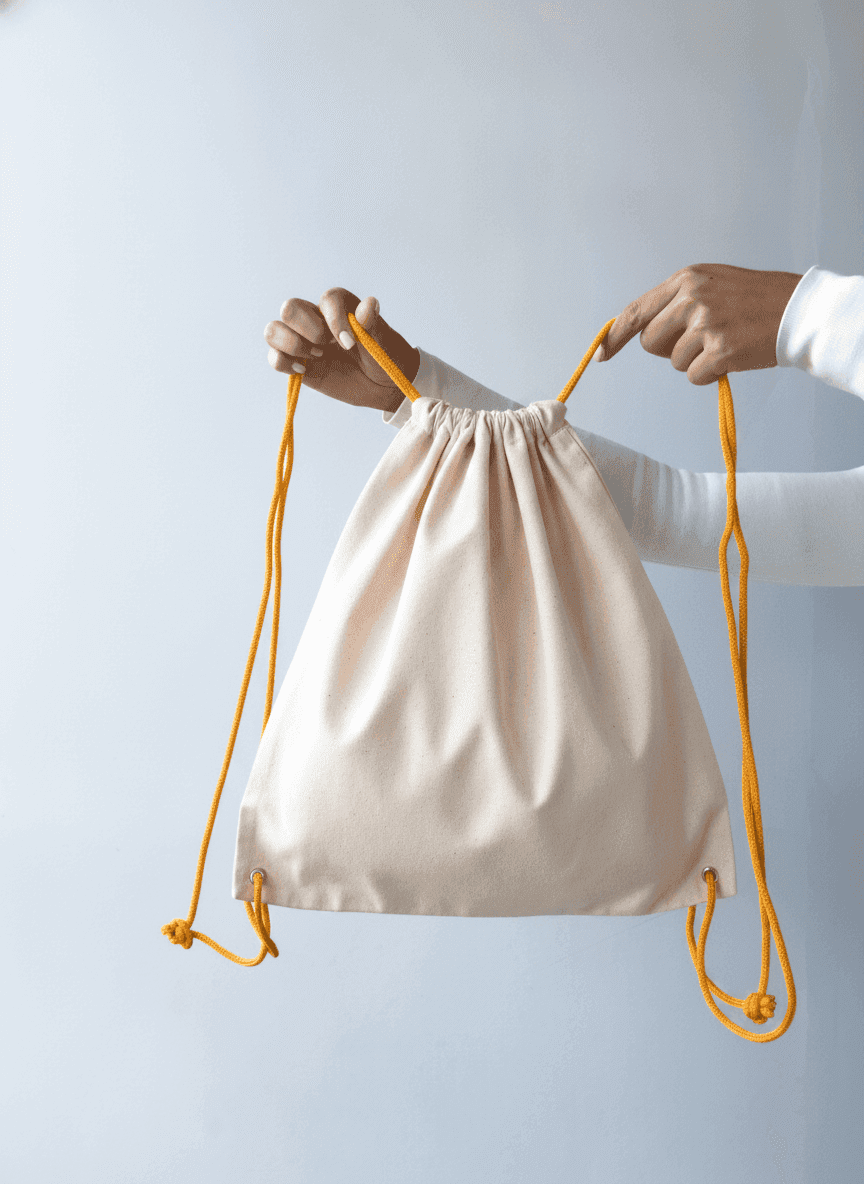 Beige Twill Drawstring Backpack with Orange Cords