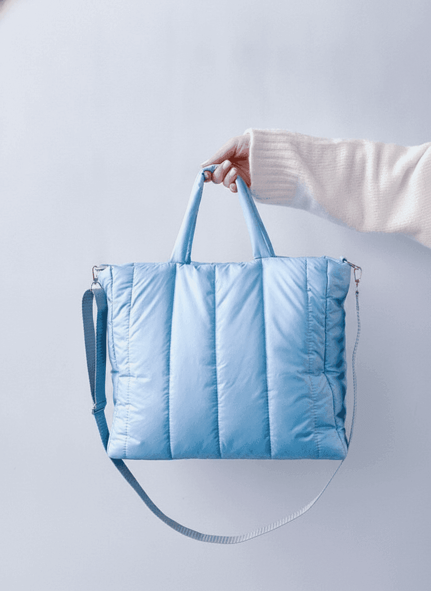 Quilted Light Blue Tote Bag with Inner Pockets