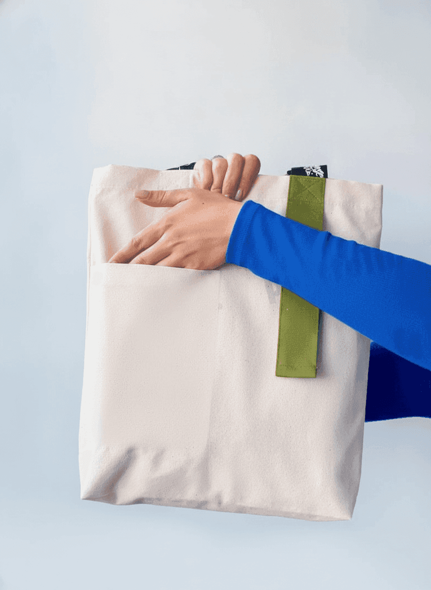Tote Bag with Exterior Pocket & Long Green Strap