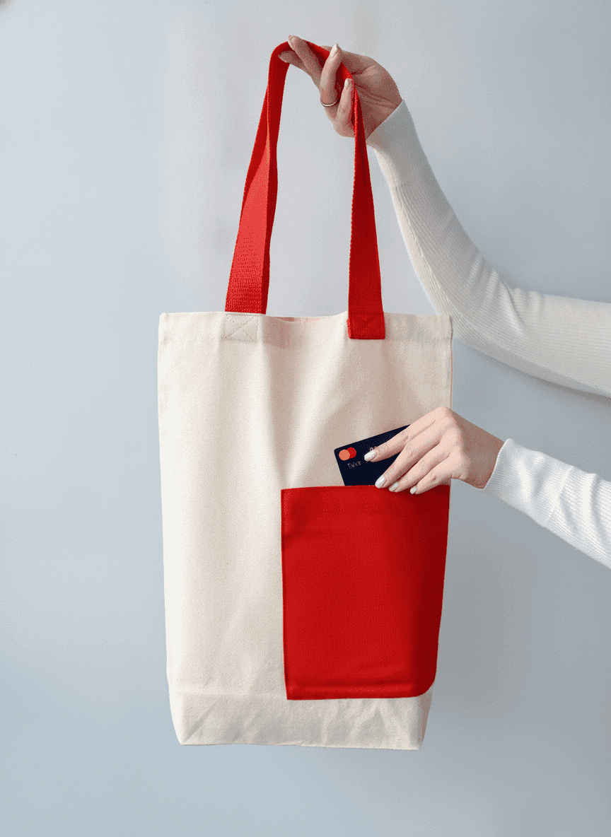 Light Beige Twill Tote Bag with Red Handles & Pocket