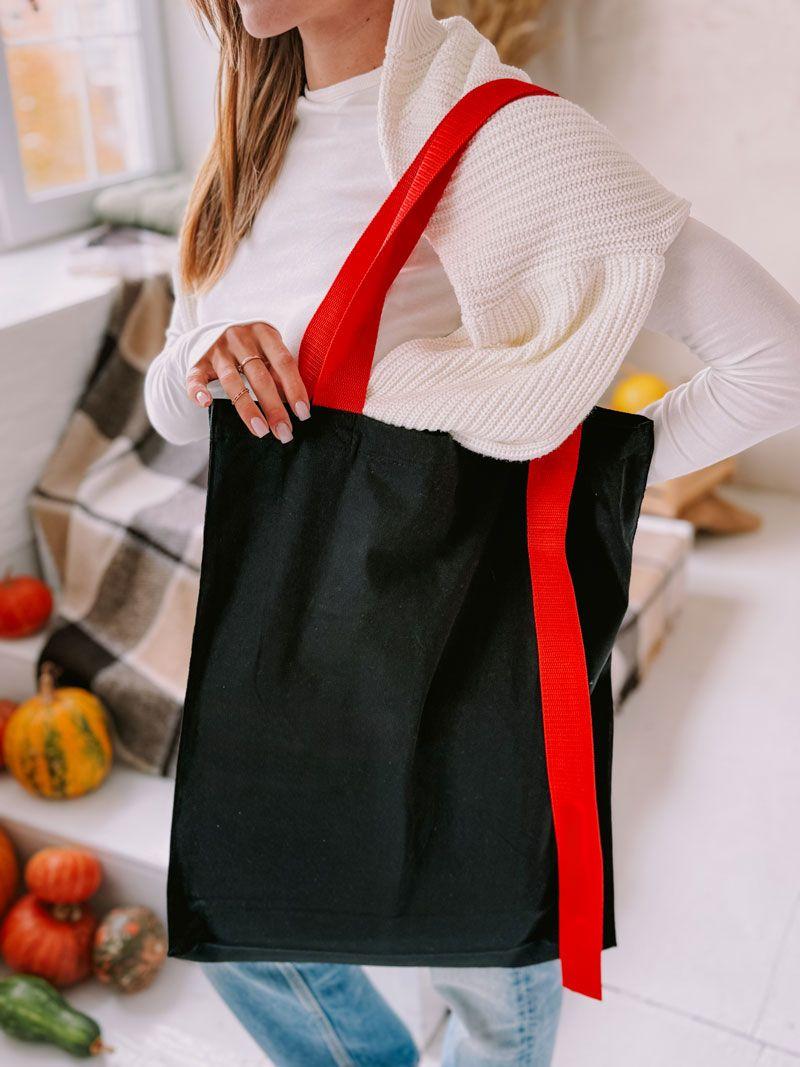 Шопер із саржі (щільна бавовна) з правим напуском та червоними стрічковими ручками — стильний міцний еко-тоут для покупок та щоденного використання без друку розмір: 40см х 50см х 12см
