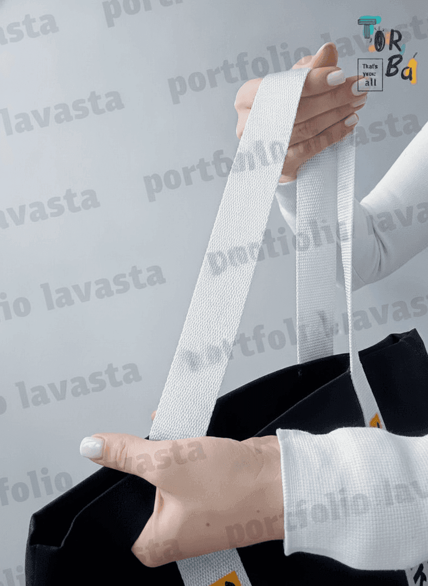 Black twill tote bag with white patches