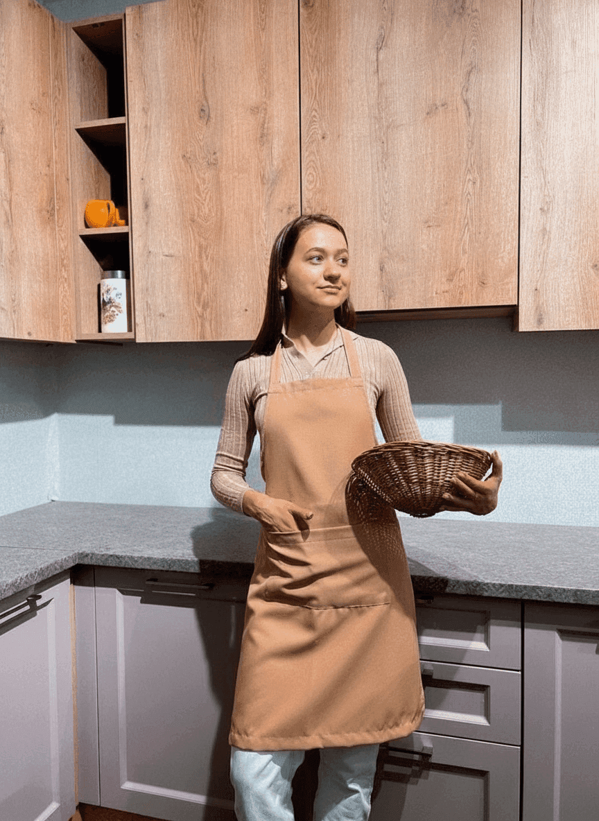 Beige Gabardine Apron with Bread Print