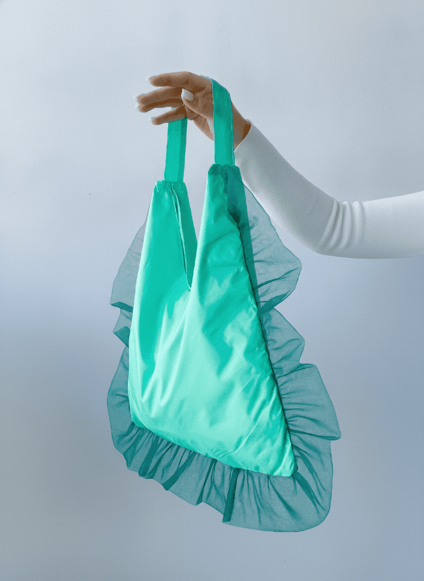 Green Raincoat Fabric Bag with Clear Ruffles