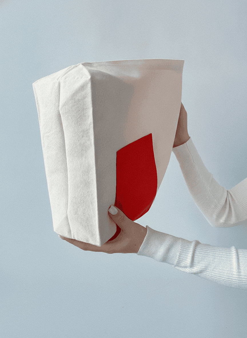 Light Beige Twill Tote Bag with Red Handles & Pocket
