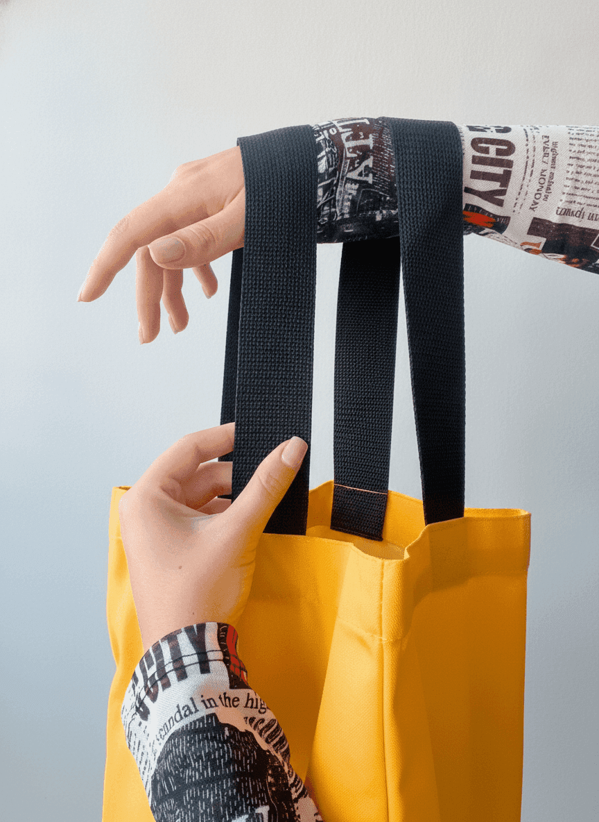 Yellow tote bag with black handles & exterior pocket